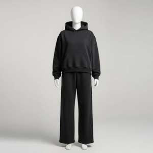 Conjunto de chándal de gran tamaño gris oscuro para hombre Sudadera con capucha de lana pesada y pantalones de chándal Traje informal de 2 piezas Ropa de calle cómoda - Product Image 1