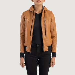 เสื้อแจ็คเก็ตหนังแกะแบบมีฮู้ด รุ่น Rebella Brown - Product Image 1