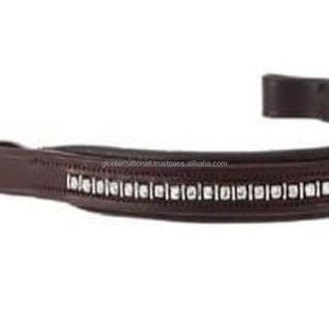 Banda de ceja de caballo de cuero suave y cómoda acolchada marrón de forma recta con cadena de cristales Mega Bling de marca decorativa de 1 fila - Product Image 3