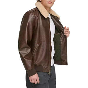 Veste de motard pour homme en faux cuir marron coupe ajustée avec poches zippées au design élégant pour moto, col montant, mode streetwear décontractée - Product Image 1