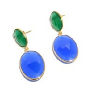 Boucles d'oreilles ovales en argent Sterling 925 avec calcédoine bleue et Onyx vert - Product Image 1
