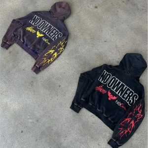 Sweat à capuche zippé pour hommes, surdimensionné, lavage à l'acide, impression noire, vêtements de mode élégants, sweats pour garçons - Product Image 5