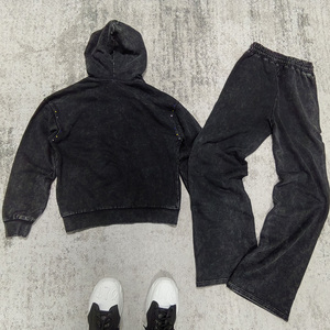 Custom Oversized Rhinestone Tracksuits Baggy Style Acid Washed Tracksuits Zip up Hoodie and Sweatpants <b>Set</b> for <b>Men</b> - Product Image 2