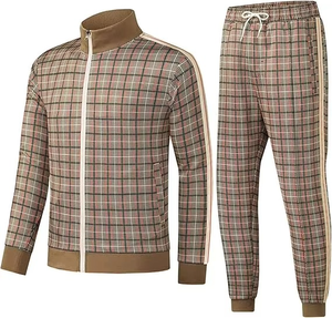 Conjuntos de chándales de entrenamiento para hombre de estilo impreso a cuadros completos con cremallera y logotipo personalizado, chándales para hombre con cuello levantado, ropa informal transpirable - Product Image 5