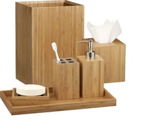 Juego de Baño Minimalista de Seis Piezas de Madera de Lujo, Ecológico, con Bandeja de Almacenamiento, Dispensador de Jabón y Portacepillos de Dientes
