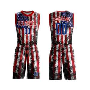 Ensemble de vêtements de sport à rayures de drapeau américain pour les jeunes, maillot de basket-ball à col rond, short personnalisé sublimé pour l'équipe - Product Image 4