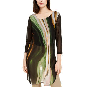 Tunica Verde in Chiffon da Donna Alfani, Taglia Petite, Motivo Floreale e Tinta Unita, Vestibilità Ampia, Stile Y2K per la Stagione Autunnale - Product Image 1