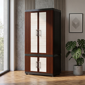 Naiba Plastic <b>Cabinet</b>/Wardrobe/Cupboard with Brown White Hinged Flat Panel Doors Equipped with Lock, Shelves, and Hanger - Product Image 1