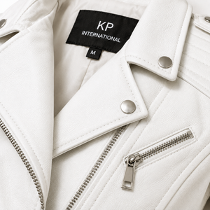 Veste de motard en cuir PU blanc à manches longues, col montant, fermeture éclair, style automne pour femmes - Product Image 4