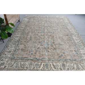 Alfombra Tradicional de Lana con Diseño de Parches en Beige y Azul, Ecológica, de Pelo Medio, 7.1 x 10.3 pies, Tejido Turco, para Comedor, con Base de Látex - Product Image 4