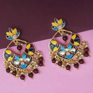Kriaa Brown Meenakari et perles Kundan Boucles d'oreilles fines Modèle 1314209B - Product Image 1