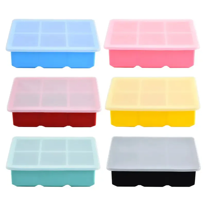 Moldes de silicone para blocos de gelo, bandeja de silicone com 6 cubos de gelo quadrados personalizada de silicone de qualidade alimentar com tampa