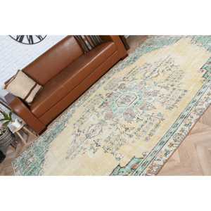 Turkish 5.7x9.9 ft Rug, Vintage Rug, <b>Yellow</b> Check Rug <b>Wool</b> - Product Image 5