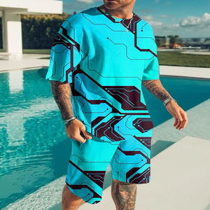 Conjunto deportivo de verano para hombre, traje de dos piezas, Color sólido, cuello redondo, 2 piezas, conjuntos de chándal de verano, conjuntos de chándal de verano - Product Image 5