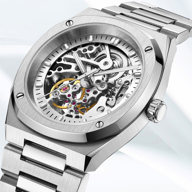 Wholesale Luxury Sport Stainless Steel Custom Skeleton Analog Glass Dial Luminous Tourbillon 10 Bar Water Mechanical Watch
