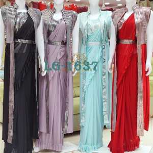 Hermoso Lehenga de Georgette con Diseño de Lentejuelas y Volantes, Sari Drapeado con Koti y Blusa para Mujer, Ropa de Fiesta y Boda - Product Image 1