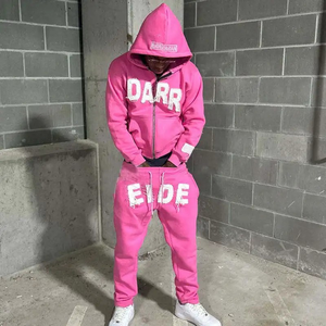 ชุดวอร์มผ้าเฟรนช์เทอร์รี่คุณภาพสูง ผ้าฝ้ายแท้ 100% ลวดลายฟอกสีแบบดิสเทรส ชุดแทรคสูทปักลายตามสั่ง ซิปปกติ เสื้อฮู้ดผู้ชาย - Product Image 2