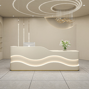 Luxury High Gloss White <b>Reception</b> Desk LED <b>Counter</b> 2 Meters Modern Custom Commercial Office Waiting Area Furniture - Product Image 5