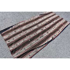 Tapis traditionnel en laine beige marron 3.5x7.3 pieds Tapis de salon design patchwork turc vintage avec support en latex - Product Image 2