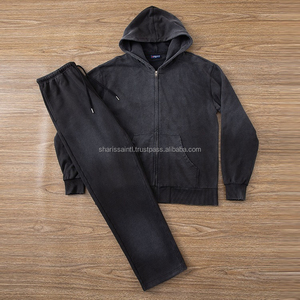 Unisex Sweatsuits Men's Acid Wash Zipper Hoodie & Loose Fit Straight Leg <b>Pants</b> Own Your Logo 100% Cotton Distress Tracksuit Sets - Product Image 5
