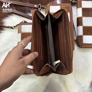 Womens Designer Cowhide Hair Leather Clutch Wallet High Quality Wristlet Zipper Short Strap Western Style Phone Case Boho Bag - Product Image 2
