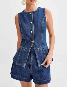 Conjunto de ropa de verano Two Street Denim Venta al por mayor Casual sin mangas Top pantalones cortos de cintura alta traje de mezclilla Paz para mujeres Nuevo diseño de desgaste - Product Image 2