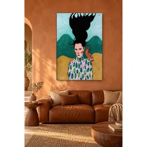 Fida Woman in Tree-Print Blouse in Front of Green Hills <b>Canvas</b> Print - Product Image 3