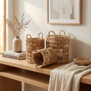 Natural Banana Bark <b>Storage</b> <b>Basket</b> Set Iron Frame <b>Stacked</b> Ring Arch Handle Cylinder Pot Planter Pure Art Setup Room Decor Craft - Product Image 5