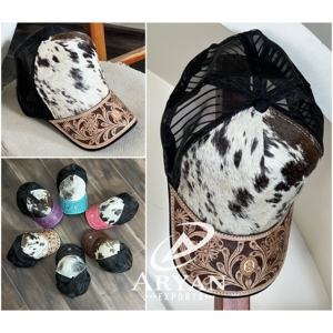 Proveedor Mayorista de Gorras de Cuero Vacuno Genuino Hechas a Mano con Diseño Floral en el Borde, Gorra de Béisbol con Cierre a Presión para Hombre y Mujer - Product Image 1