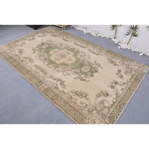 Tapis turc vintage, grande surface, 5,2 x 8,7 pieds, beige vert, laine, support en latex, motif patchwork, style Tabriz, salle à manger, écologique - Product Image 4