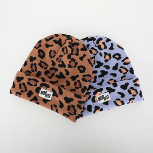 High Quality Custom Woven Label Logo Knitted Slouchy <b>Beanies</b> for Men <b>Women</b> Leopard Print Pattern Acrylic Winter Hats for Travel - Product Image 1