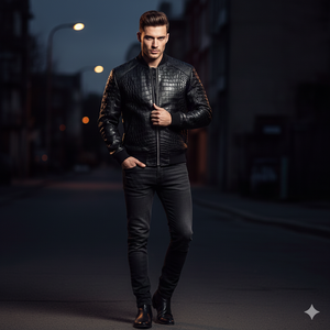 Blouson aviateur en cuir noir de luxe - Imprimé gaufré Streetwear Blouson d'hiver - Coupe-vent et écologique - Product Image 5