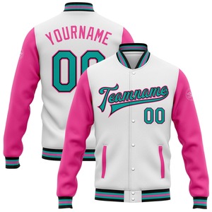 Vente en gros dans l'industrie directe de bombardiers décontractés hiver personnalisés blanc aqua noir-rose veste bicolore Varsity Letterman à snap complet - Product Image 1