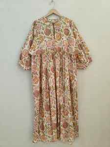 Robe de soirée décontractée bohème pour femmes en coton à imprimé floral fait main, longueur au sol, col en V, manches longues, été - Product Image 5