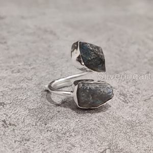 Bague pour femme en pierre brute naturelle, labradorite double pierre, ajustable, en argent sterling 925, pour Noël - Product Image 1