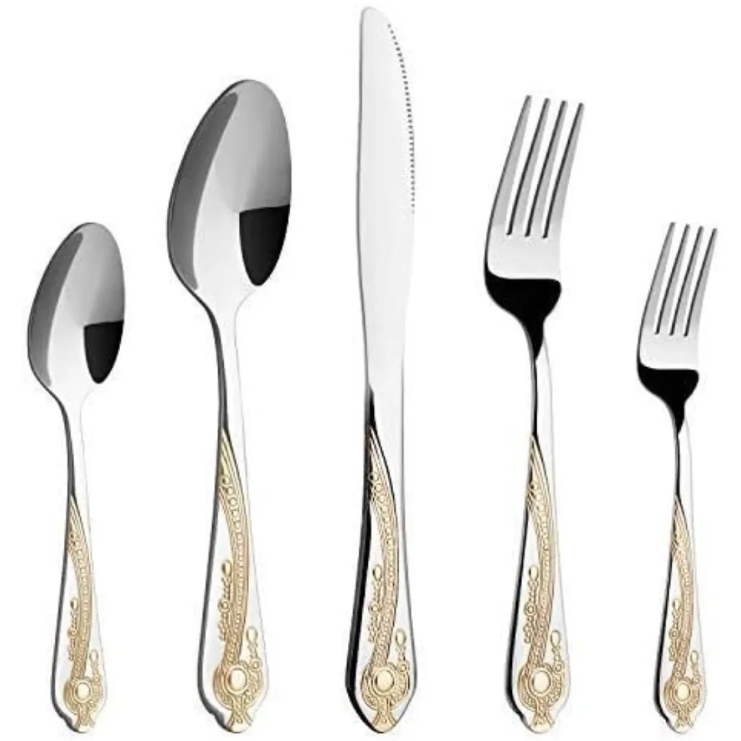Set sendok garpu peralatan makan Portugis baja tahan karat pernikahan berwarna perak Set garpu sendok makan malam pisau kustom Logo