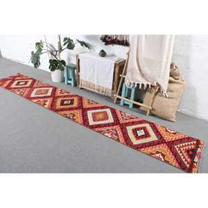 Turkish Rug, 2x11.7 ft <b>Runner</b> Rug, <b>Red</b> Floral Wool Vintage Rug - Product Image 2