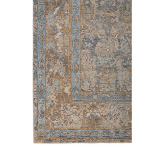 Tapis en laine noués à la main Erbe, beige et marron, grand format 9x12, motif médaillon rectangulaire en puzzle pour la maison, le couloir, l'entrée - GS-2008 - Product Image 4