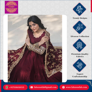 Vestido Anarkali de lujo en color rojo, estilo indio, tradicional, completamente cosido, de georgette sintética pesada, con dupatta, conjunto para mujer, para boda. - Product Image 2