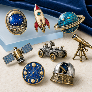 Broches de revers, badges décoratifs artistiques et épingles en métal sur le thème de l'espace, en laiton plaqué or et émail, de style antique, de collection, personnalisables, cadeau - Product Image 1