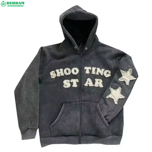 Sweat à capuche court zippé en molleton 100 % coton de haute qualité, avec strass, broderie vintage et finition délavée à l'acide - Séchage rapide - Product Image 5