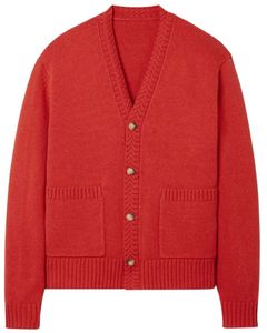 Red Soft Knit <b>Cardigan</b> Sweater <b>With</b> Cozy Warm Fabric And Front <b>Pockets</b> Plus Button Closure For Stylish Cotton Winter Wear - Product Image 1