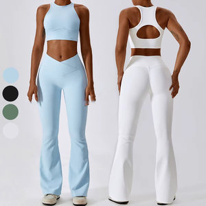ชุดเสื้อผ้าสองชิ้นสำหรับเล่นโยคะออกกำลังกายเล่นยิมฟิตเนสและกางเกงขาบานออกแบบโลโก้ได้ตามต้องการ - Product Image 1