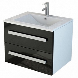 Juego de Baño AROSA II Negro Brillante, Muebles de Baño Minimalistas de Madera Maciza Resistentes al Agua con Lavabo de Cerámica - Product Image 1