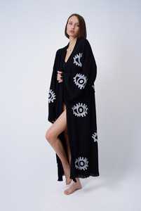 Kimono de manga larga bohemio para la playa, traje de mañana bordado inspirado en el mal de ojo sólido, hasta el suelo, festival étnico hecho a mano - Product Image 3