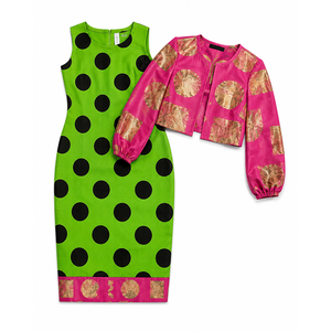 Giacca Bolero Ankara Rosa con Motivo Dorato e Pois Verdi e Neri, Abito Corto Senza Colletto al Ginocchio - Product Image 4