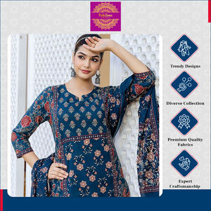 High Quality Summer Special Stylish Elegant and Breathable Designer Cambric Cotton A-<b>Line</b> Kurti with Matching <b>Pant</b> Dupatta Set - Product Image 6