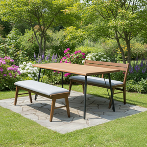 Ensemble de table à manger en bois d'extérieur avec bancs rembourrés Ensembles de jardin de meubles de patio de couleur unie traditionnels du Vietnam - Product Image 3