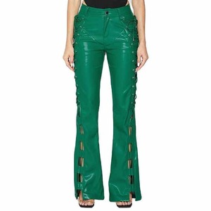 Pantalones Acampanados de Cuero Vegano Personalizados para Mujer, Verde, Ajustados, con Cordones, Corte Recortado, Cintura Alta, Talla Grande, Transpirables y a la Moda - Product Image 2