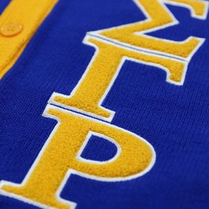 Sigma Gamma Rho SGRho Suéter Cárdigan Royal Blue Knit Letras griegas Manga Parche Bordado Sorority Greek Life - Product Image 4